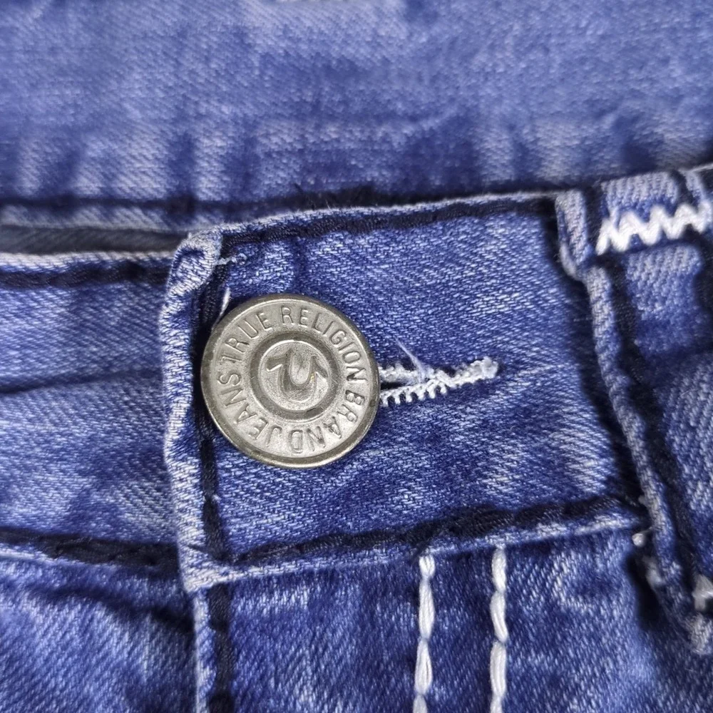 True Religion Ricky Jeans Mens 34x31 Blue Distressed Stone Wash Flap Pockets USA